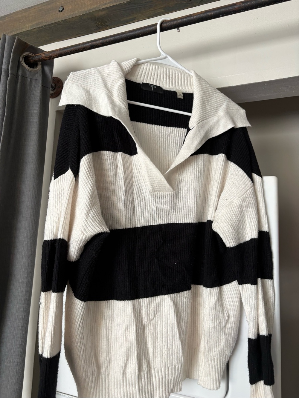 Tahari Black & Cream Striped V-Neck Sweater